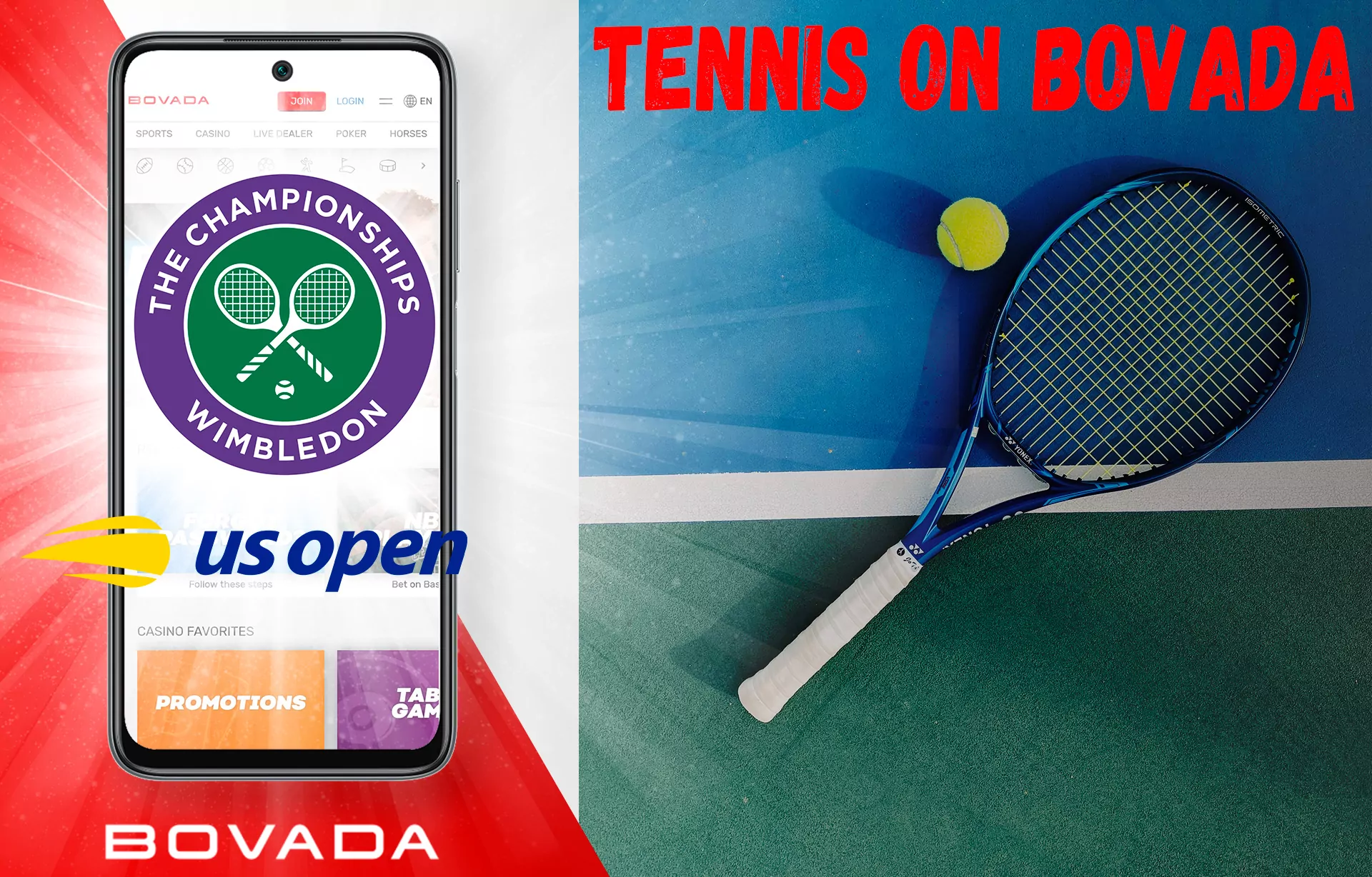 Tennis betting in Bovada includes bets on the winner of the match, total, handicap, Asian handicap and other bets.