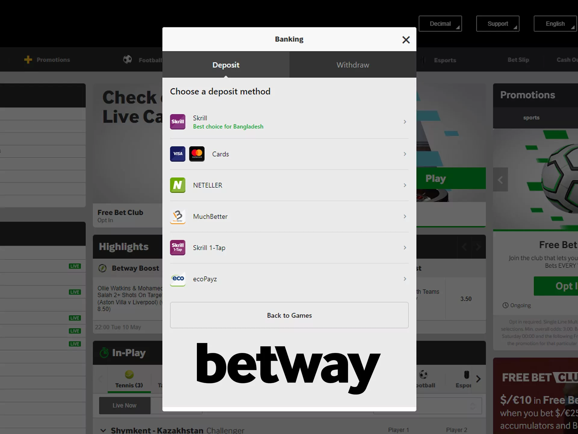 Deposit without proplems from Betway.