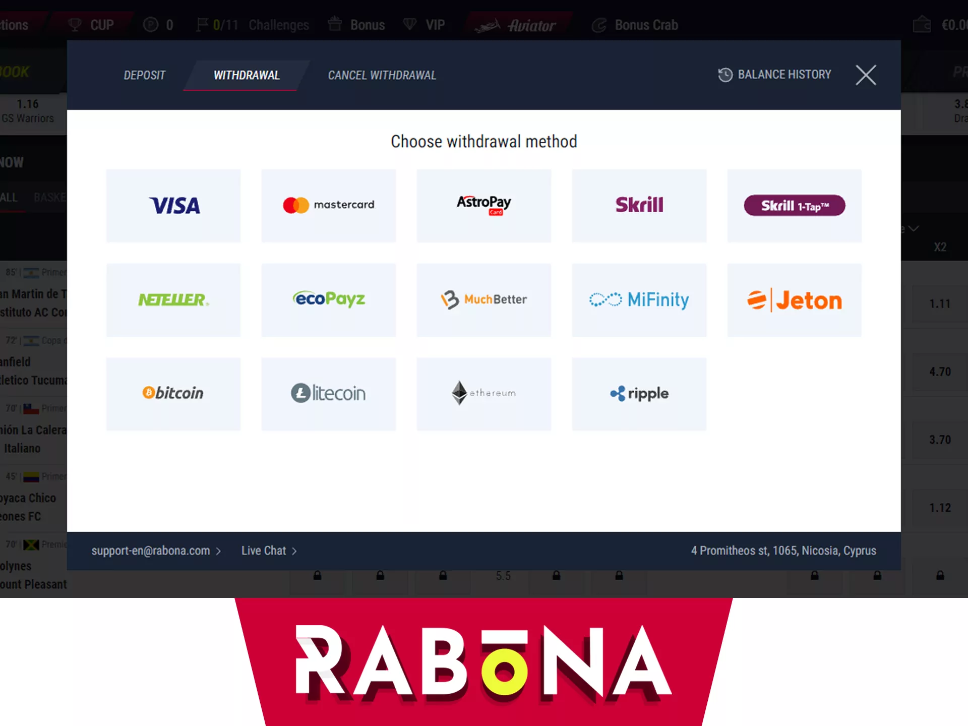 Choose your favourite withdrawal method at Rabona.