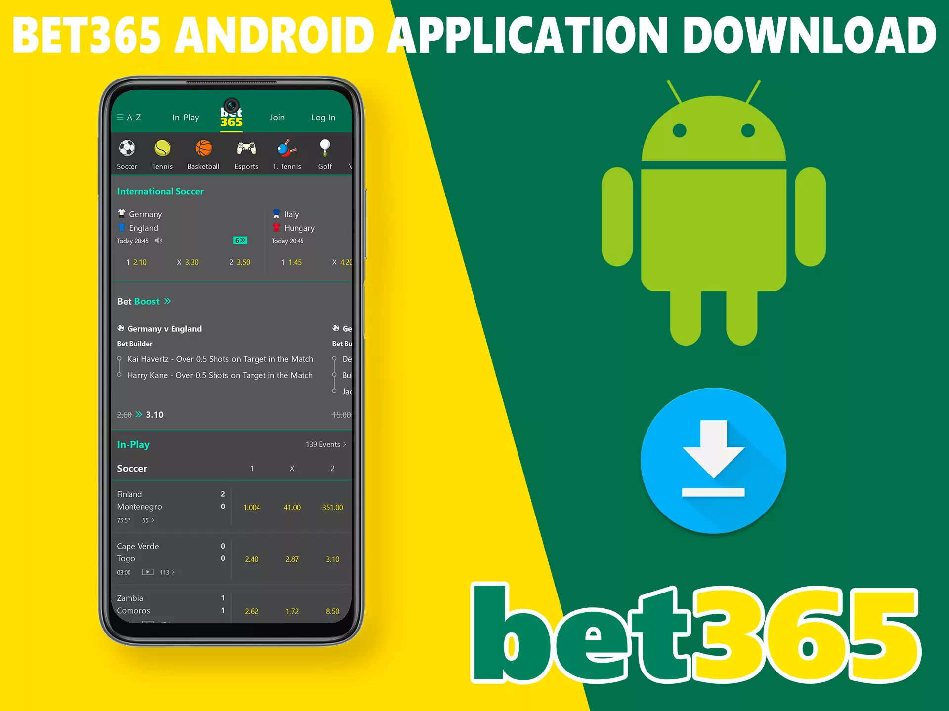 The Play Store usually limits the publication of applications similar in theme, Bet 365 is no exception, but you can download it from the official website of the bookmaker.