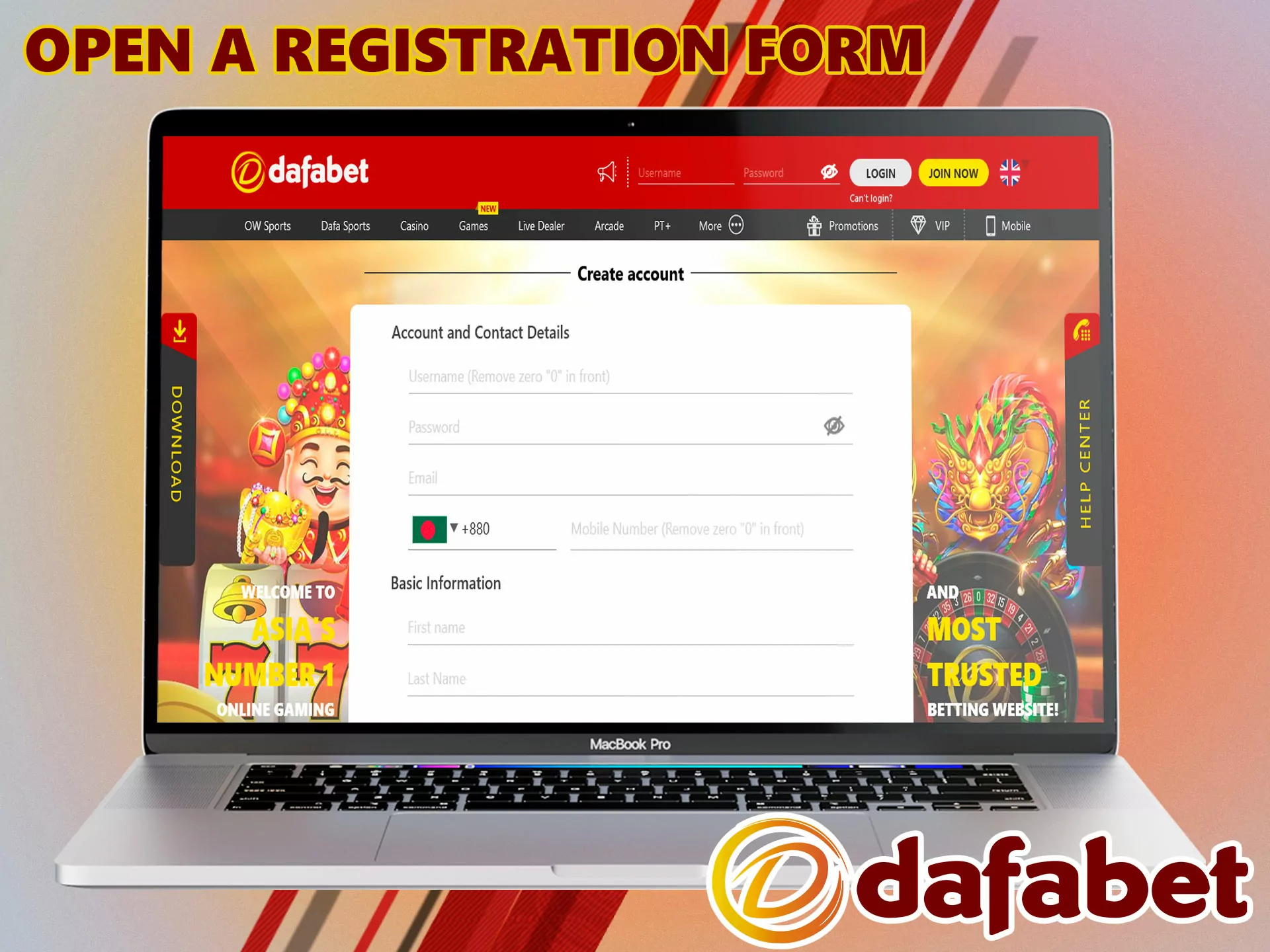 To open the form for registration data, click on the "Join Now" button, which is located in the header of the bookmaker.