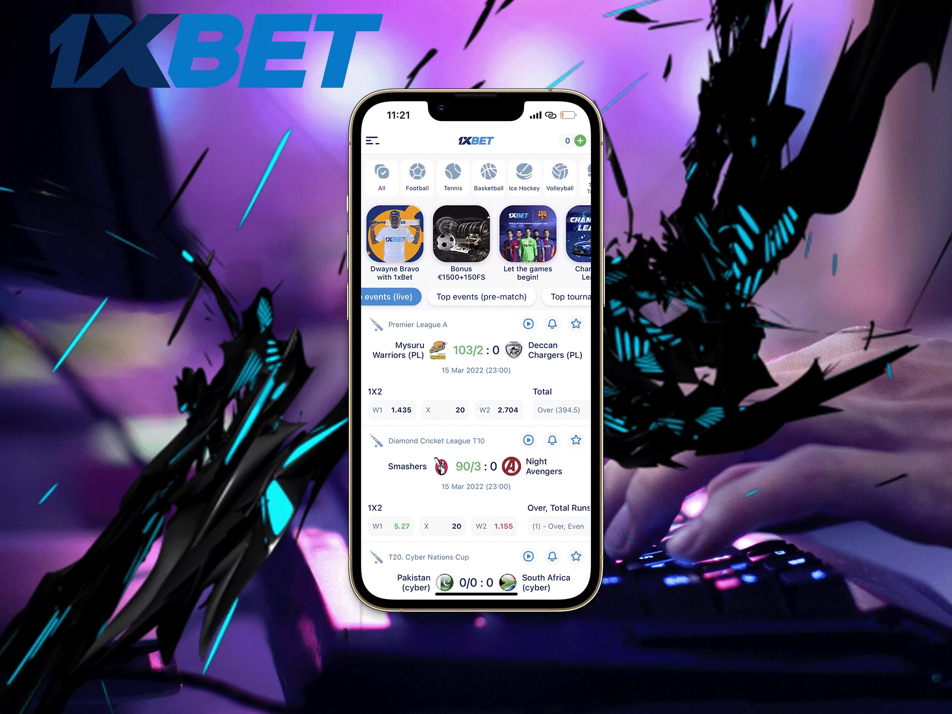 Esports betting is available at 1xbet app.