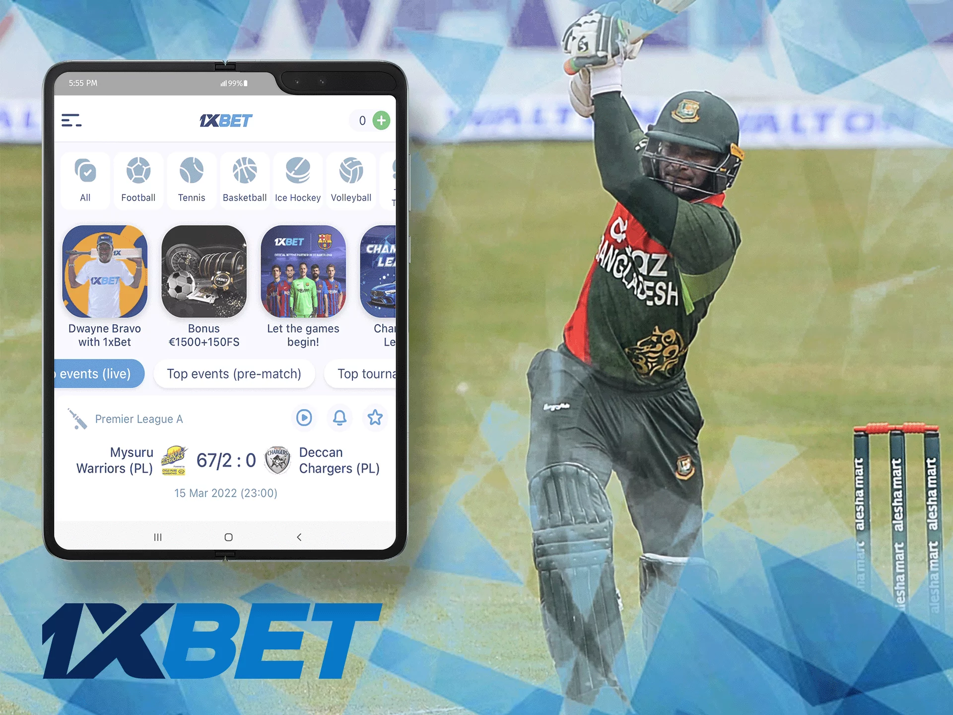 1xbet app gives an opportunity to bet on all popular sports in Bangladesh anywhere.