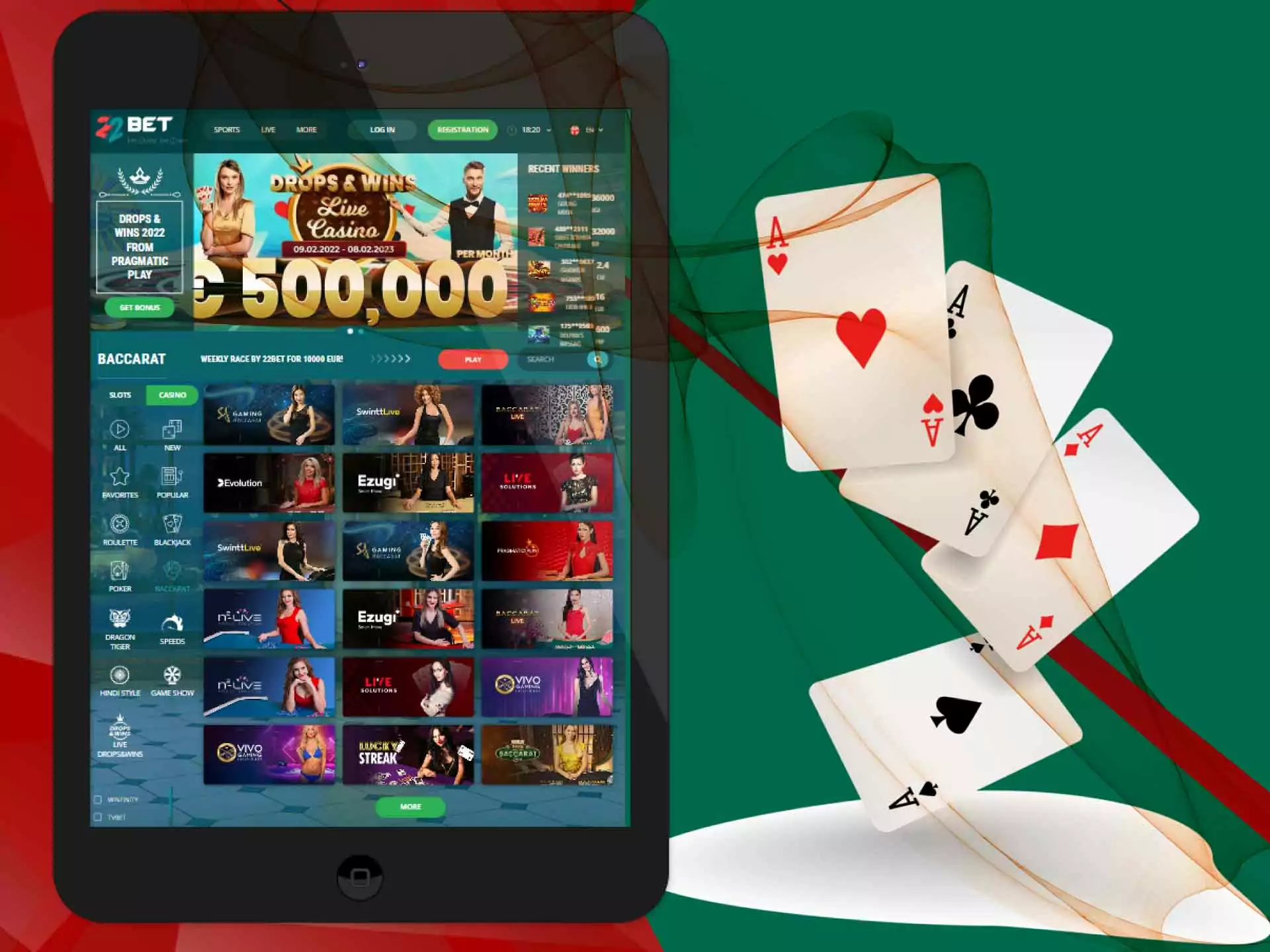 Try baccarat games and win money at 22bet.