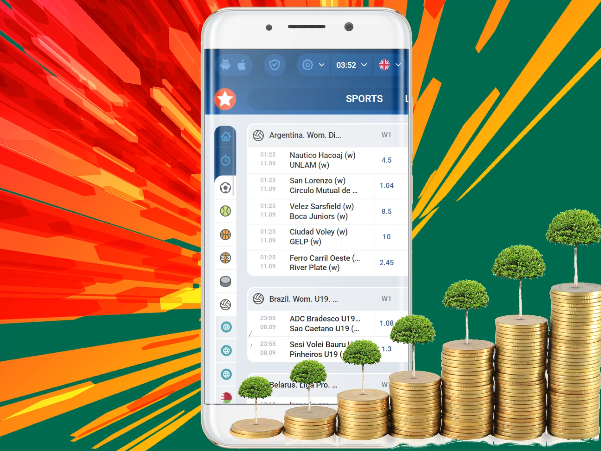 Choose an event, specify an amoun of money and place a bet.