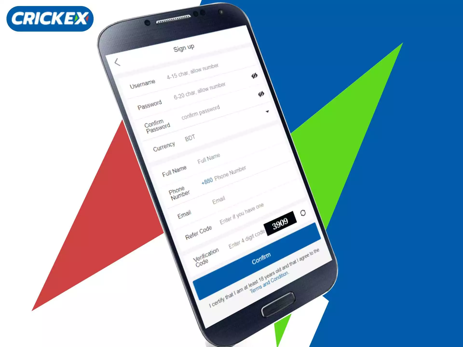 Sign up for Crickex in the app.