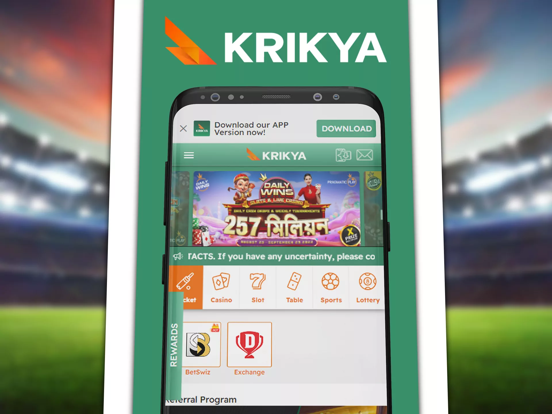 Play casino games and bet with Krikya app.