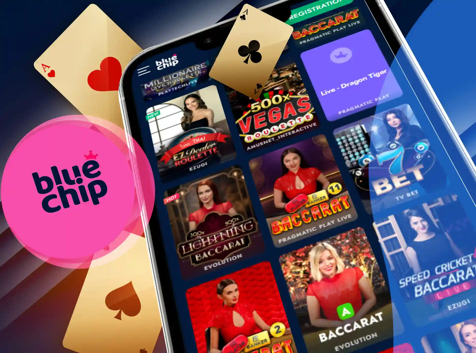 Play poker, blackhack, roulette and other popular casino games in the Bluechip app.