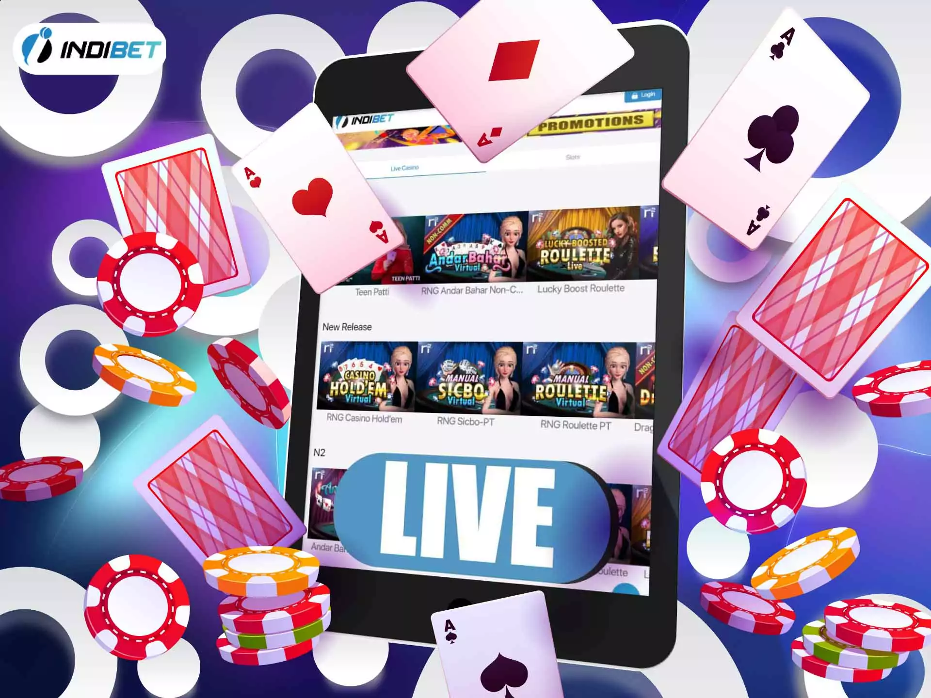 Play casino games against the real dealer and try to win at Indibet.