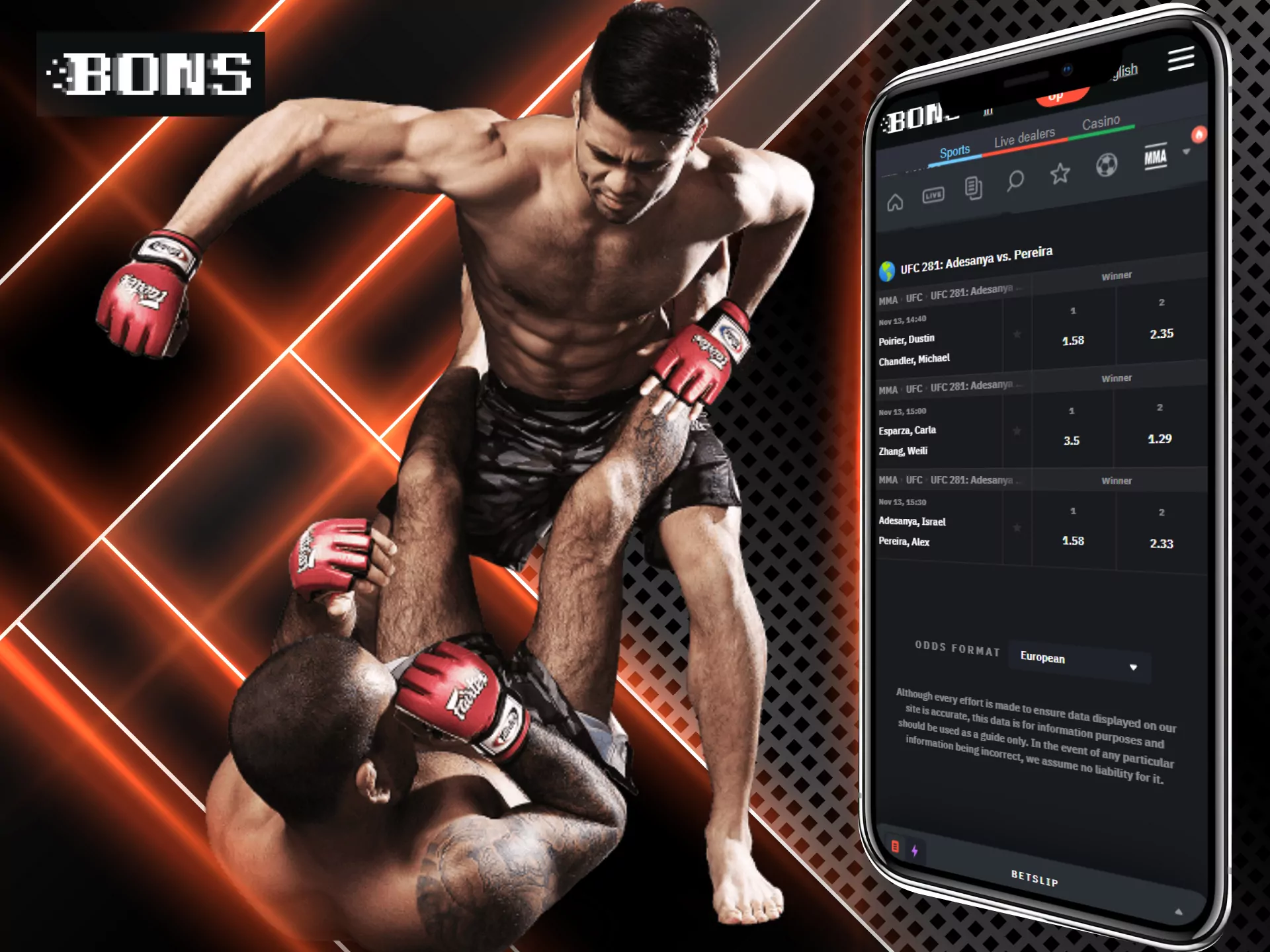 UFC events are available for betting in the Bons app.